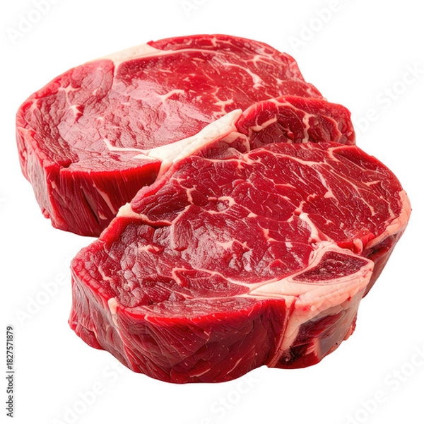 Obraz Two raw, fresh, red beef steaks isolated on a solid dark background