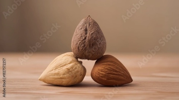 Obraz Different types of nuts arranged on a wooden surface