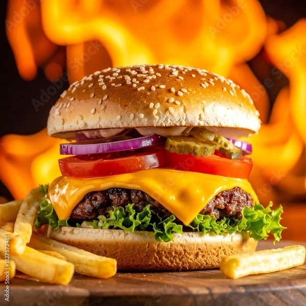 Fototapeta Mouthwatering close-up of a stacked burger with fries, flame background