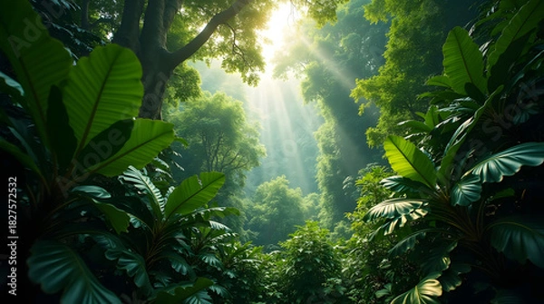 Fototapeta Lush Green Tropical Rainforest With Sunlight Streaming Through Dense Canopy Creating Vibrant Jungle Landscape And Abundant Flora In Peaceful Natural Environment