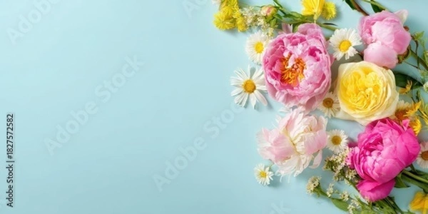 Obraz Colorful flowers arranged on a blue background in springtime