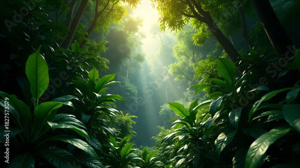 Fototapeta Peaceful rainforest scenery with bright sunlight breaking through tall trees and lush green plants creating tranquil environment in dense tropical foliage