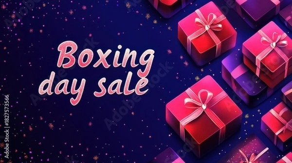 Obraz Boxing Day Sale Banner with Gift Boxes Decorated on Blue Lights Effect Background for Advertising.