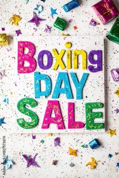 Obraz Colorful Boxing Day Sale Text with Gift Boxes Top on White Background for Advertising.