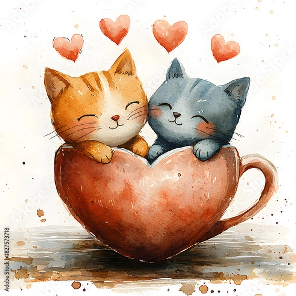 Fototapeta  Two adorable tabby cats snuggled lovingly inside a heart-shaped mug with floating romantic hearts