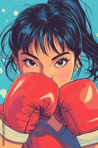 Obraz Retro Style Cartoon Female Boxer Character in Action Pose, Ready for Boxing Match.
