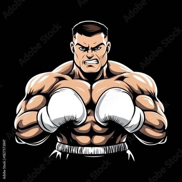 Obraz Cartoon Angry Male Boxer in Fighting Stance on Dark Background, Vector Illustration.