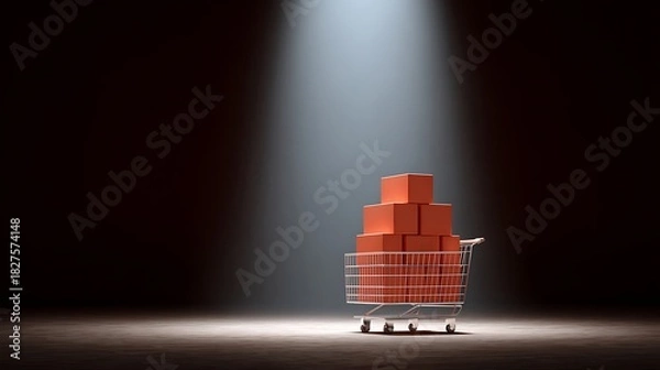 Fototapeta Shopping cart filled with gift boxes glowing in spotlight