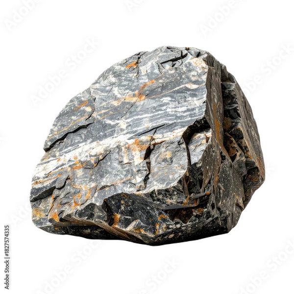 Obraz Chunk Jagged rock with striations and mineral deposits on solid background