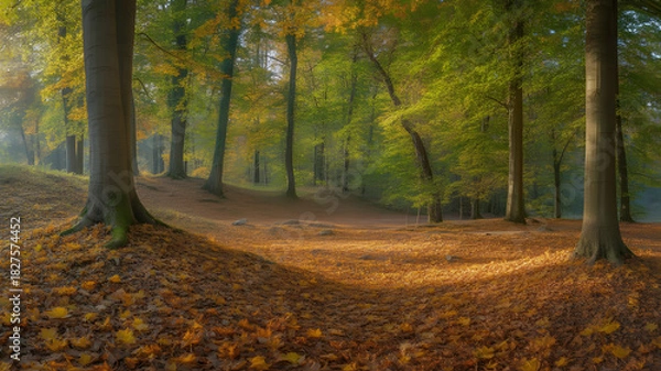 Fototapeta Quiet autumn woodland scenery with golden leaves covering ground and bare trees creating tranquil fall landscape under soft sunlight during foliage season