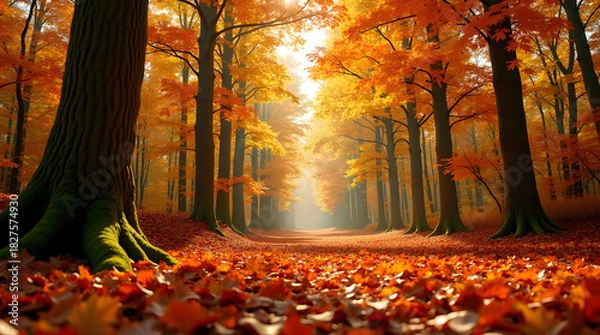 Fototapeta Scenic Forest Path With Colorful Fall Foliage And Sunlight Shining Through Trees Creating Enchanting Autumn Landscape For Serene Nature Walk In Picturesque Scenery