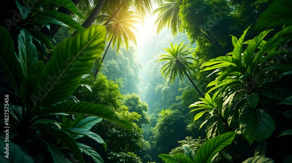 Fototapeta Vibrant tropical rainforest landscape with bright sunlight filtering through palm trees and lush green vegetation creating scenic nature scene in dense jungle environment