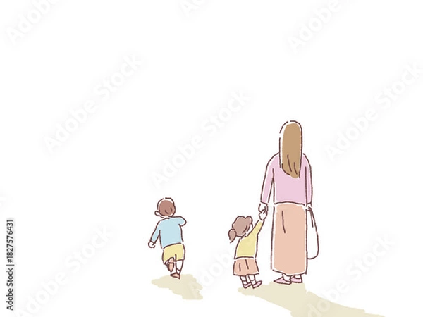 Obraz 女の子と手を繋ぐ母親と走る男の子
