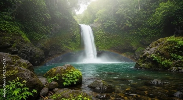 Fototapeta Stunning waterfall cascading into a vibrant turquoise pool surrounded by lush green tropical rainforest and mossy rocks.