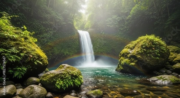 Fototapeta Stunning waterfall cascading into a clear pool with a vibrant rainbow in a lush green tropical forest.