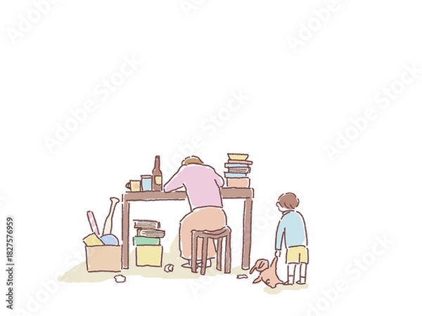 Obraz 汚い部屋の机に伏せる女性と、それを見つめる子供