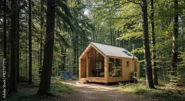 Fototapeta A modern wooden tiny house cabin with large windows sits peacefully in a sun-dappled green forest.