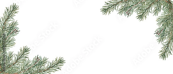 Fototapeta Christmas, New Year winter banner with fir, pine branches. Watercolor horizontal frame, border. Hand drawn illustration. Perfect as a web banner, card and invitation template.