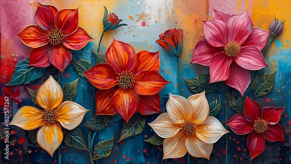 Obraz Vibrant Abstract Floral Painting with Impasto Texture and Splatter Art