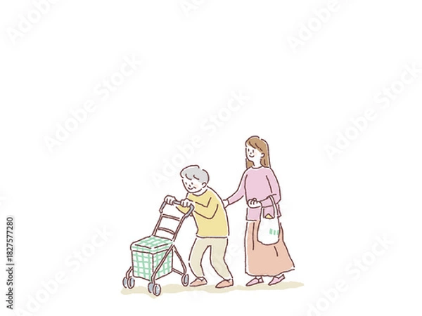 Obraz シルバーカートを押して歩くおばあさんと寄り添う女性