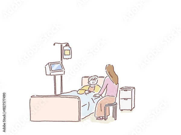 Obraz ベッドで横になる高齢女性と側に座る女性、病院、入院