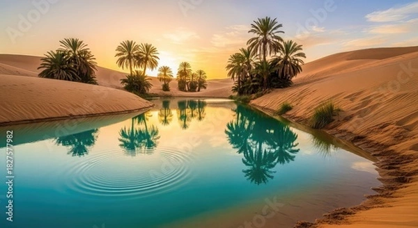 Fototapeta Stunning desert oasis with palm trees and calm turquoise water reflecting the sunset sky.
