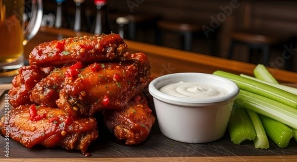 Obraz Spicy buffalo chicken wings served with creamy ranch dipping sauce and fresh celery sticks on a wooden bar counter, perfect for a casual meal or snack