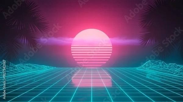 Obraz Retro synthwave grid world with neon palm trees Vector