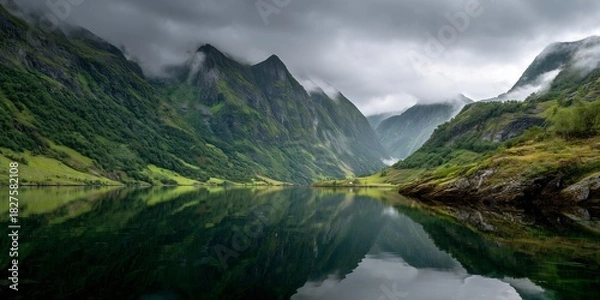 Fototapeta Green mountains reflected in crystal-clear fjord waters, moody low clouds in the background