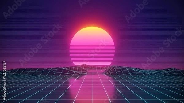 Obraz Retrowave neon sunset virtual landscape grid Vector