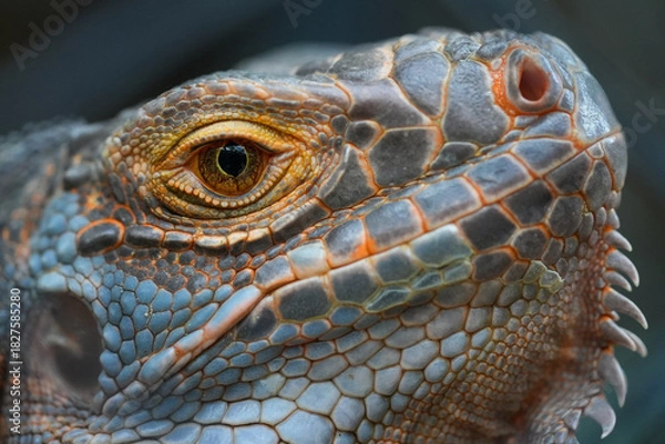 Obraz Green Iguana face close up, Green Iguana skin texture macro, Green Iguana wildlife portrait