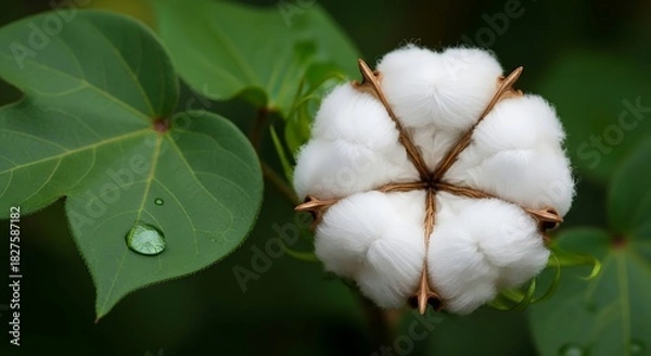 Fototapeta Fluffy white cotton boll with a green leaf and sparkling water droplet, showcasing natural texture and freshness.