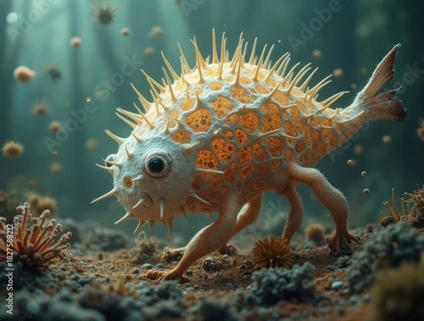 Fototapeta Spiky marine creature with legs walking underwater
