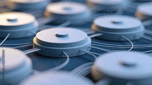 Fototapeta Close-up of a network of connected nodes with wires, suggesting data transfer or a technological concept. The image has a futuristic and modern aesthetic.