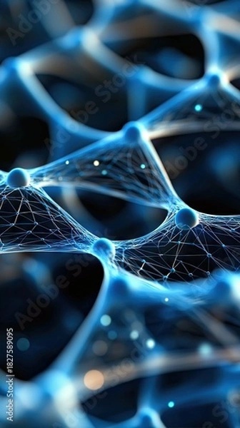 Fototapeta Close-up of a digital rendering of a neural network structure with glowing blue light and a dark background.
