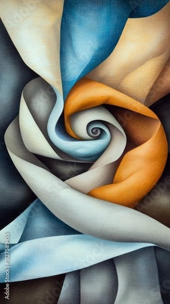 Fototapeta An abstract artwork featuring a swirling composition of colorful fabric, creating a spiral effect with a textured appearance.