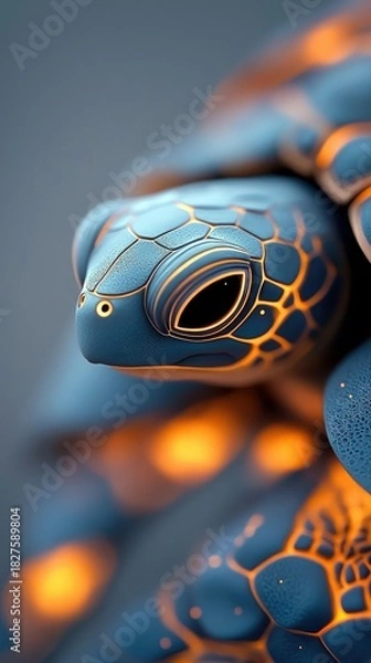 Fototapeta Close-up of a stylized turtle with blue and orange glowing details. The image has a soft, dreamlike quality.