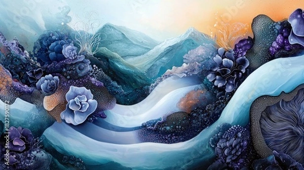 Fototapeta An abstract watercolor painting depicting a landscape with mountains, flowers, and flowing water in shades of blue and purple, evoking a sense of serenity and a