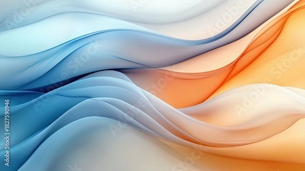 Fototapeta An abstract image featuring flowing waves in shades of blue, orange, and white, creating a sense of movement and fluidity. The design is modern and artistic.