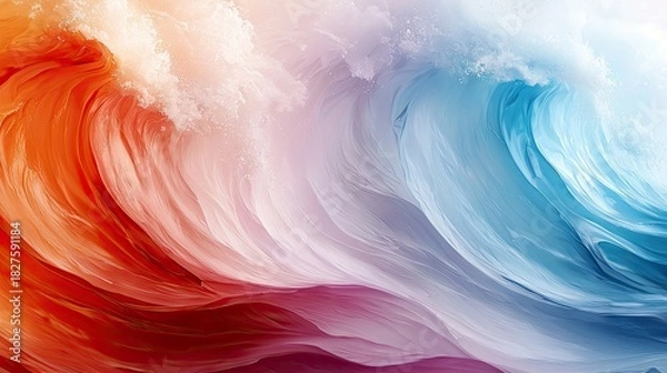 Fototapeta An abstract image of waves in shades of red, orange, and blue, with a soft, ethereal lighting effect.