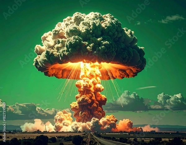 Fototapeta Mushroom cloud exploding with a vibrant orange and yellow hue