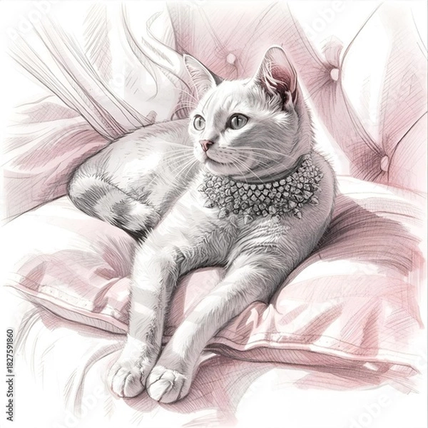 Obraz Elegant White Cat in Jewel Collar Relaxing on Pink Chair Sketch