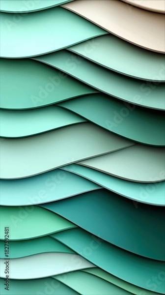 Fototapeta An abstract design featuring layered, wavy shapes in various shades of green and teal, creating a modern and artistic composition.