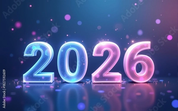 Fototapeta Modern and minimal New Year 2026 illustration featuring transparent glass effects. The design uses a clean gradient from blue to purple, with elegant typography and futuristic decorative elements.