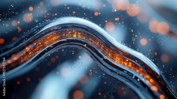 Fototapeta An abstract digital art image featuring wavy lines with glowing orange particles, set against a dark blue background.