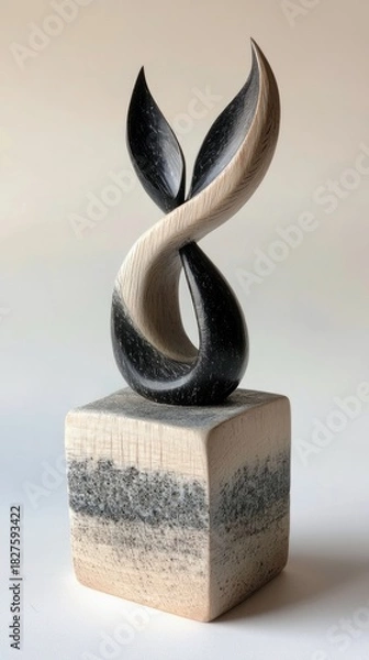 Fototapeta A studio shot of an abstract wooden sculpture. The sculpture is composed of two intertwined, leaf-like shapes in black and white, mounted on a cube-shaped base.