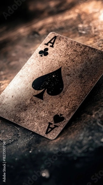 Fototapeta Close-up of an Ace of Spades playing card resting on a textured surface, with dramatic lighting and a vintage aesthetic.