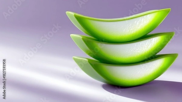 Fototapeta Close-up of three aloe vera slices stacked on top of each other, set against a soft purple background. The image is lit with soft lighting.