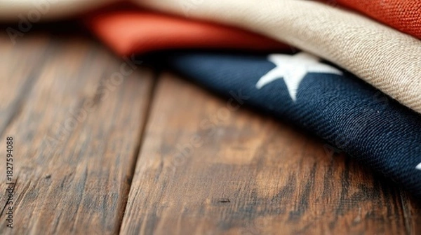 Fototapeta Close-up of the American flag fabric with stars and stripes, resting on a rustic wooden table. The focus is on the textures and details.
