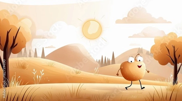 Fototapeta An animated apple character walks through a sunny landscape with hills, trees, and clouds.